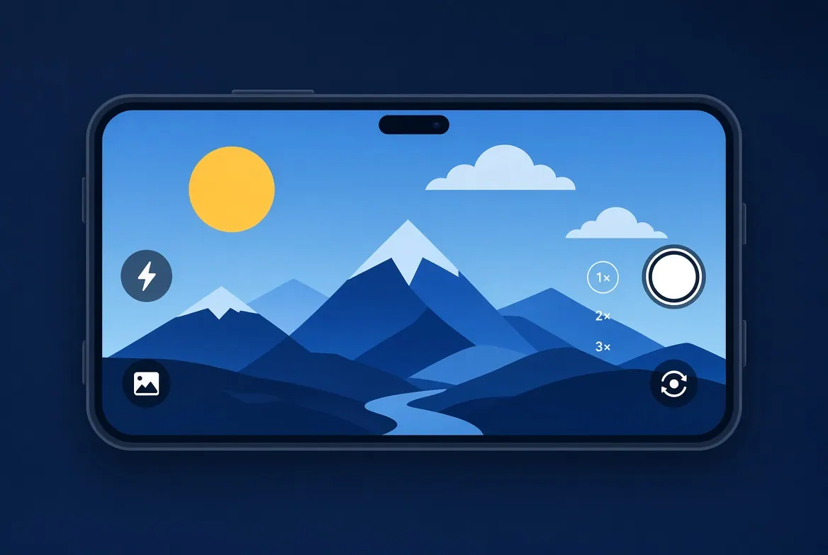 Smartfon w poziomie z otwartą aplikacją aparatu, na ekranie góry i słońce