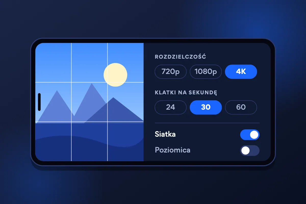 Ekran ustawień aparatu w telefonie: rozdzielczość 4K, 30 klatek na sekundę i włączona siatka