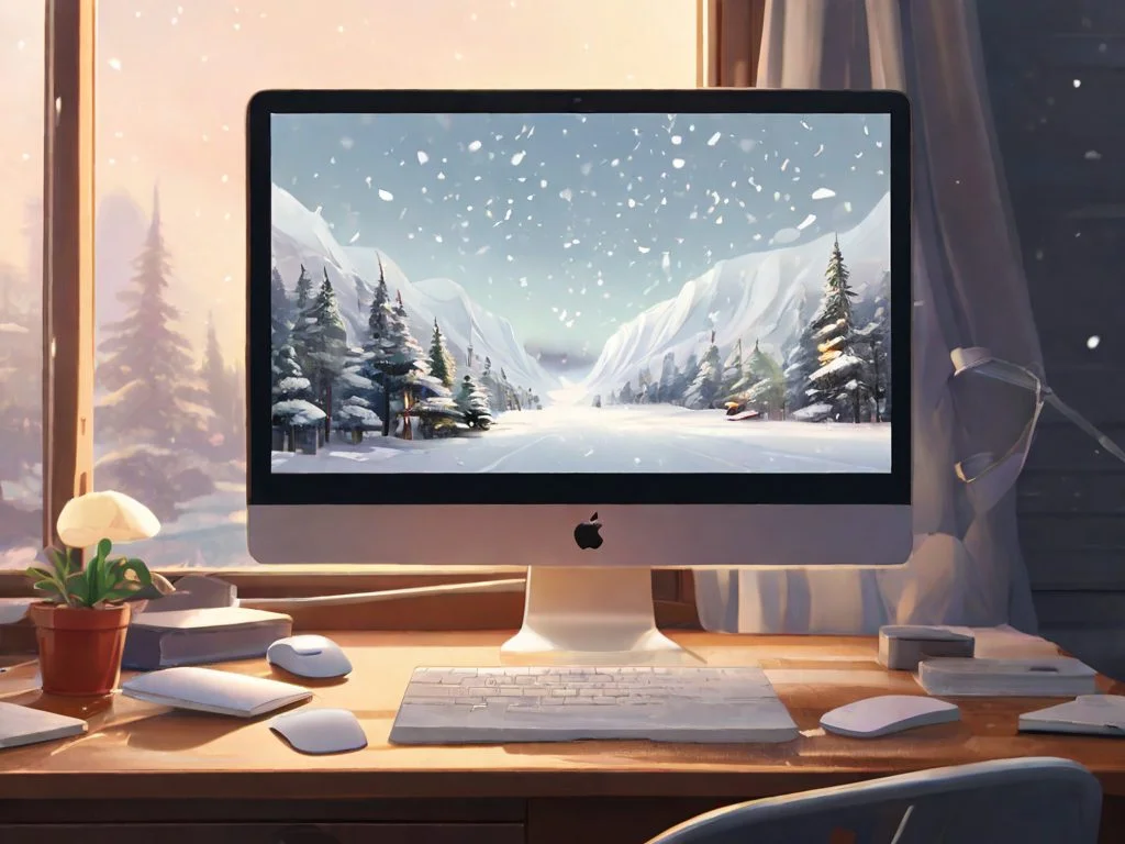 Grafika przedstawiająca iMaca, który stoi na biurku. Na tapecie pokazany są góry i padający śnieg.