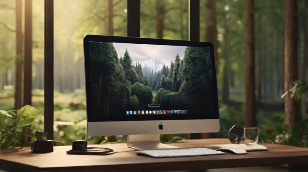iMac stojący na biurku, las w tle