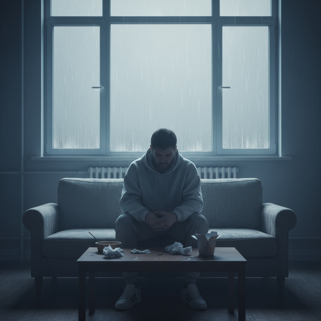 Zdesperowany facet siedzi sam w zimnym pokoju